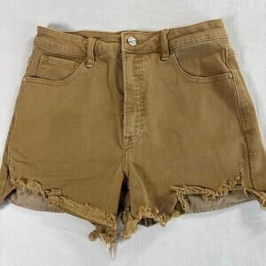 Risen Womens High Rise Distressed Denim Shorts Tan Raw Hem Frayed Cutoff Size L